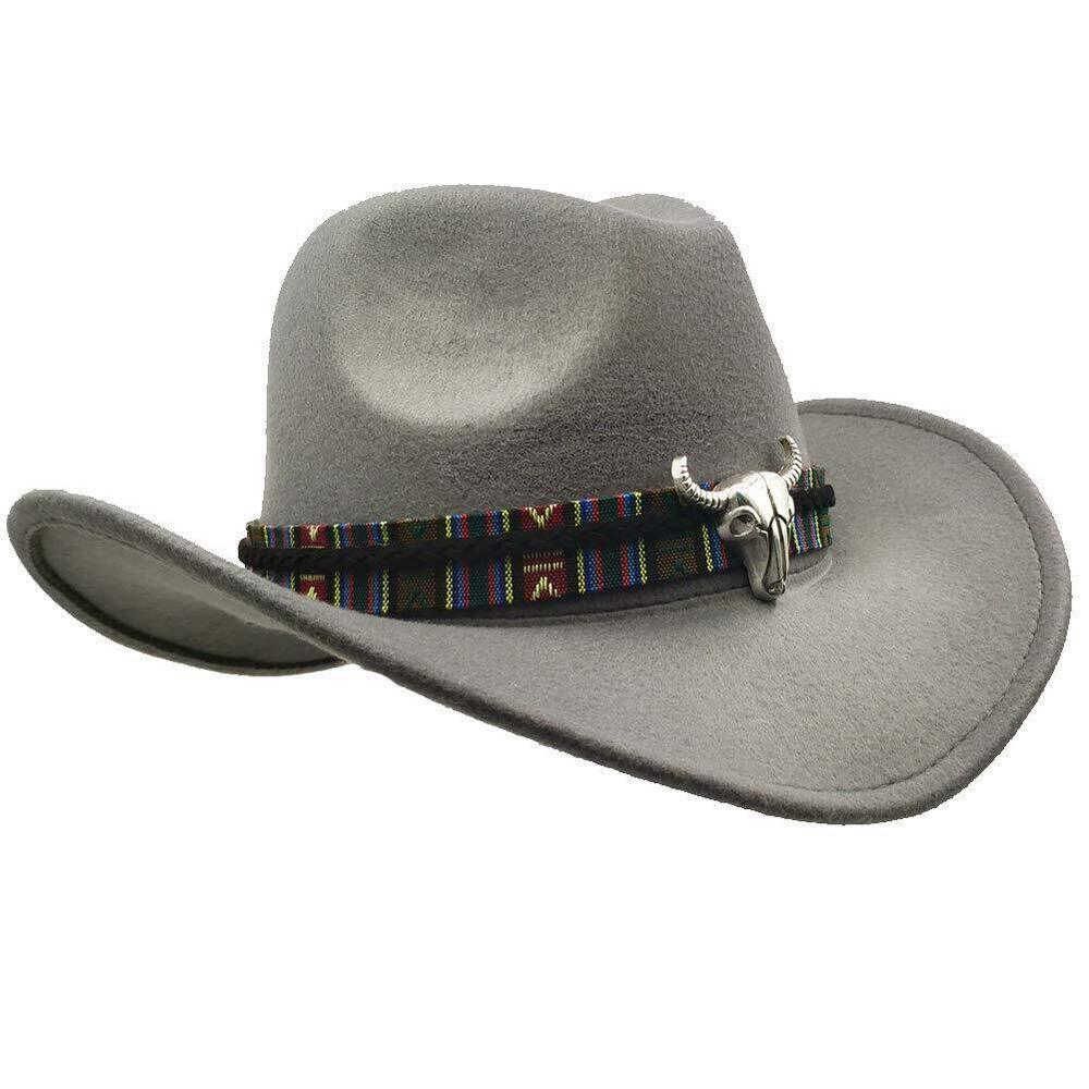 7788 Wide Brim and 's Western Outback Cowboy Hat with Metal Bull Head Grey